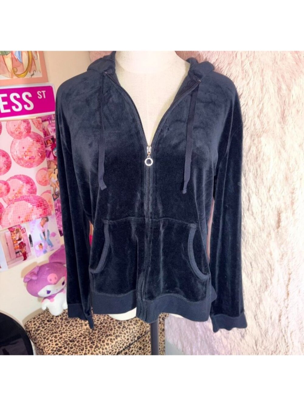 Black velour zip up hoodie